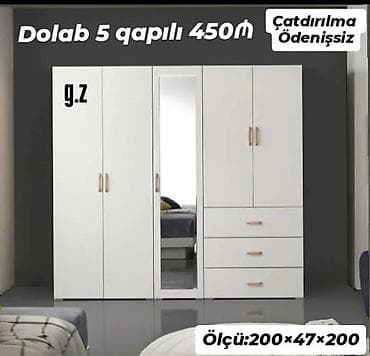 5 qapılı paltar dolabı - Rəng: ağ - Ön hissədə tam boy güzgü paneli -