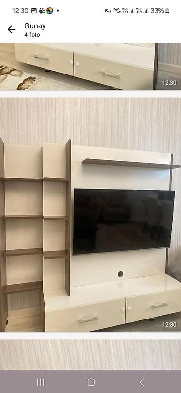 TV stendi və saxlama sistemli divar modulu - Material: laminat/MDF