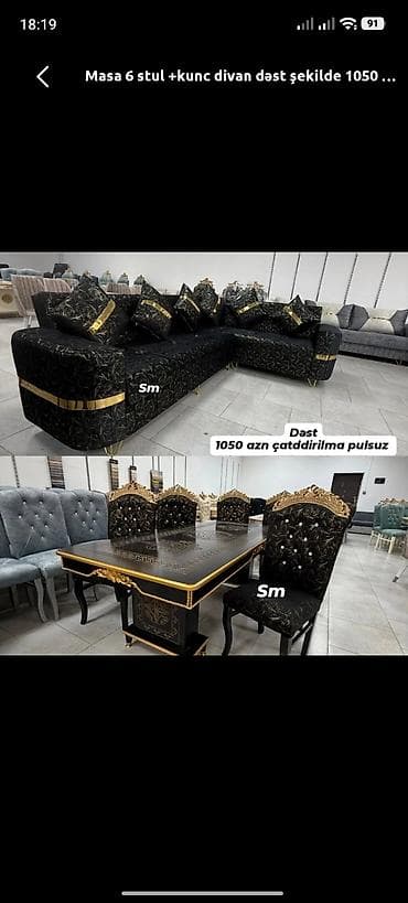 6 stul: Dəst: Masa + 6 stul + künc divan - Üslub: Qara və qızılı detallar — 1
