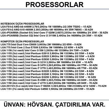Prosessorlar 📍Ünvan: Bakı şəh, Suraxanı ray, Hövsan qəs. YOXLAMAĞA