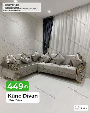 acilan divan: Künc Divan – 280×200 sm - Açılan mexanizmli, bazalı - Komplektdə 6 — 1