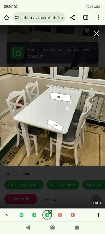 Mətbəx üçün, Yeni, Açılmayan, Dördbucaq masa, 4 stul