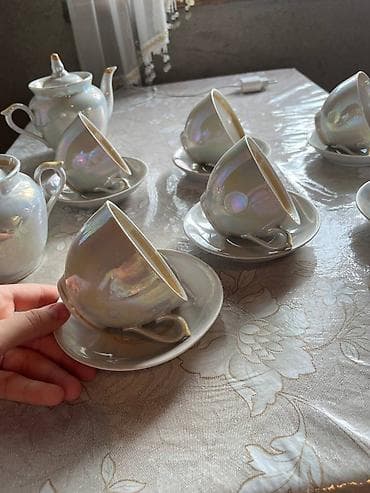 Çay dəsti, rəng - Bej, Farfor, 6 nəfərlik