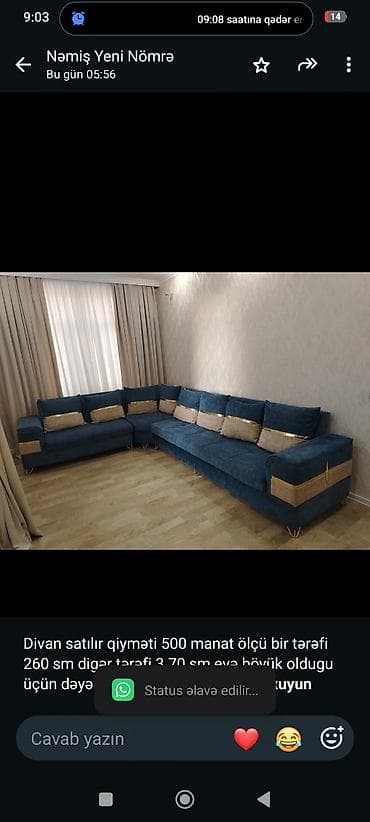 Divan satılır qiyməti 500 manat ölçü bir tərəfi 260 sm digər tərəfi — 1