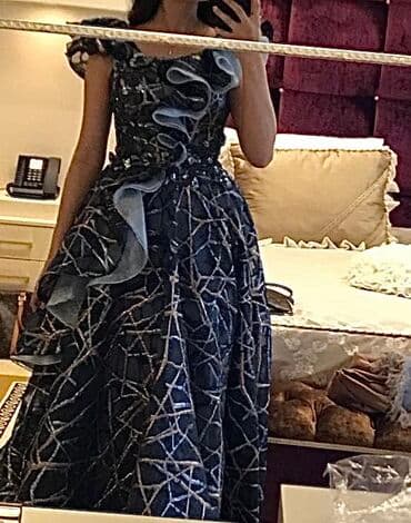 hicabli xanimlar ucun ziyafet geyimleri: Zərif ziyafət/nişan/gecə geyimi – tünd göy rəngdə, metalik gümüş xətt — 2