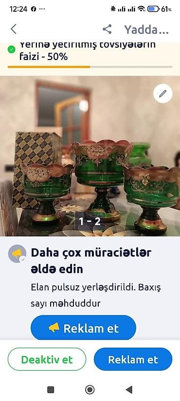 Şüşə qablar dəsti – dekorativ və süfrə üçün - Rəng: zümrüd-yaşıl