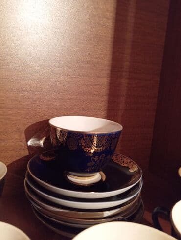 Çay dəsti, rəng - Göy, Farfor, 6 nəfərlik, Rusiya