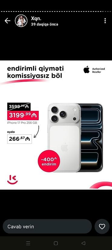 apple imac: IPhone 17 Pro Max, 256 GB, Narıncı, Hissə-hissə ödəniş — 1