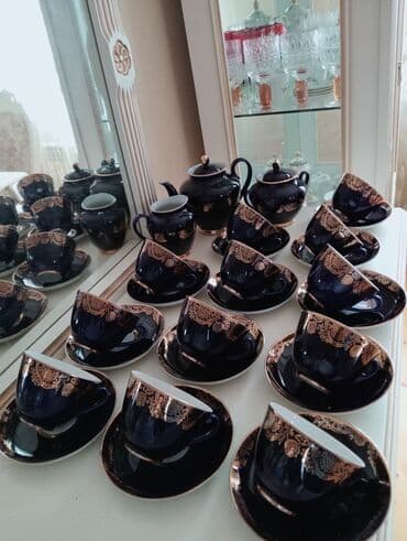 Qab-qacaq və mətbəx ləvazimatları: Çay dəsti, rəng - Göy, Farfor, 12 nəfərlik, SSRİ — 1