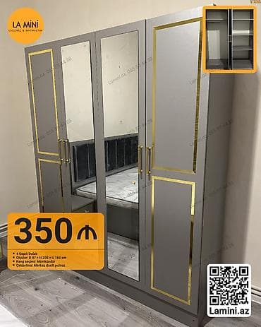 - Məhsul: 4 qapılı dolab - Dizayn: Boz korpus, qızılı dekor xətləri; — 1