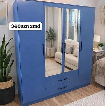 ikinci el komod: Mavi rəngli 4 qapılı paltar şkafı - Orta hissədə 2 güzgülü qapı - 2 — 1
