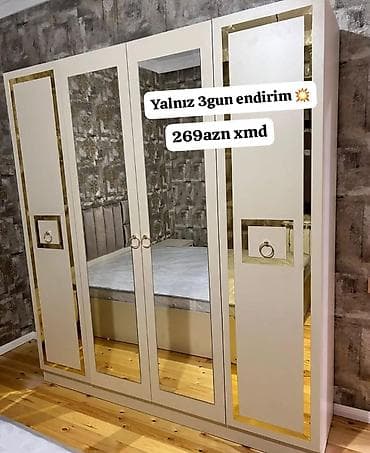 4 qapılı, Güzgülü, Bej, Açılan, Düz dolab