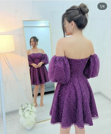 işlənmiş arisdon: Bənövşəyi rəngdə, qabarıq teksturalı, parıltılı dekorla işlənmiş qısa — 1