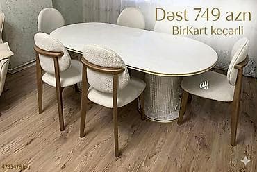 stol ustul: Yemək otağı üçün şık masa‑stul dəsti. - Dəst: oval formalı, parlaq ağ — 1
