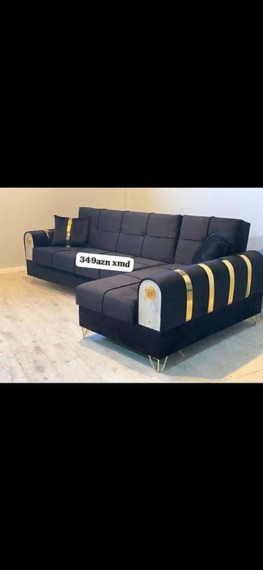 L‑şəkilli yumşaq künc divan - Rəng: tünd göy/qara tonlarda, qızılı