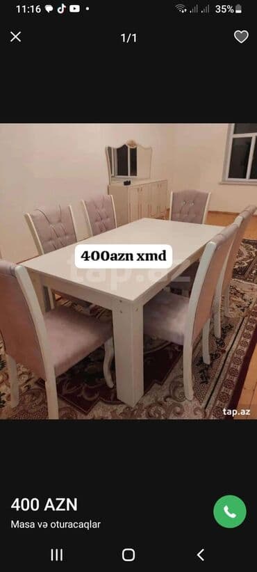 Masa və oturacaq dəstləri: Qonaq otağı üçün, Yeni, Açılan, Dördbucaq masa, 6 stul — 12