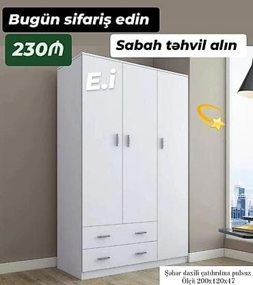 taxd: Ağ rəngli 3 qapılı paltar dolabı - Dizayn: Minimalist, hamar səthlər — 1