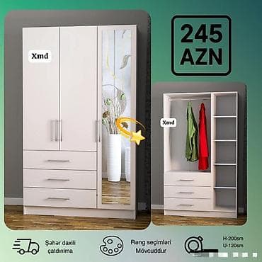 Geyim dolabı – 3 qapılı, güzgülü model - Qiymət: 245 AZN (şəkildə — 1