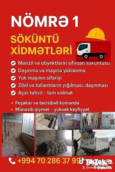 Söküntü xidmətləri təqdim olunur. Xidmətə mənzil və müxtəlif