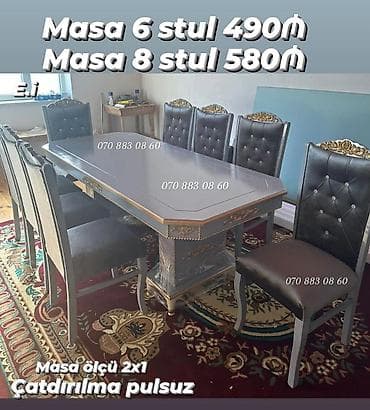 kohnə stul: Klassik üslubda yemək dəsti: - Masa ölçüsü: 2 x 1 m - Variantlar: 6 — 1