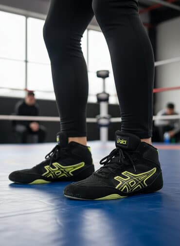 krosovka: Qara rəngli idman ayaqqabısı, yanlarında neon-sarı dekorativ xəttlər — 1