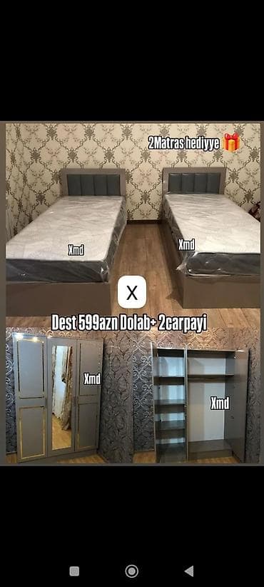 qapi dekoru: Yataq otağı dəsti - Komplekt: 3 qapılı dolab + 2 ədəd tək çarpayı - — 1