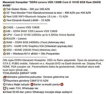 kreditle playstation 3: Masaüstü Kompüter "DDR4 Lenovo V50t 13IMB Core i3 10100 8GB Ram 256GB — 3