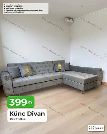 Künc divan – 260×160 sm - Mexanizm: açılan, bazalı (yataq funksiyası — 1