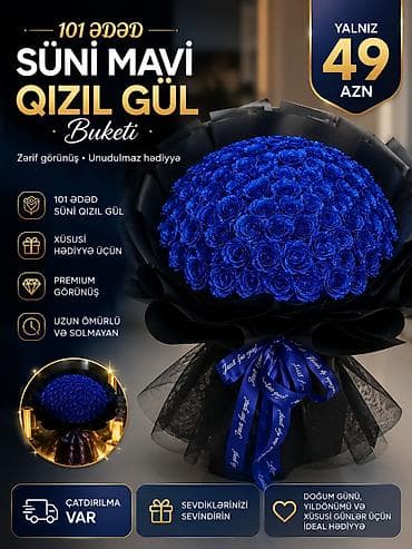 101 gul: 101 ədəd süni mavi qızıl gül buketi - Zərif görünüşlü, unudulmaz — 1