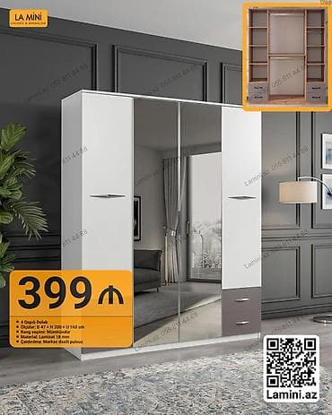 dolab paltar: 4 qapılı, Ağ, Açılan, Düz dolab — 1