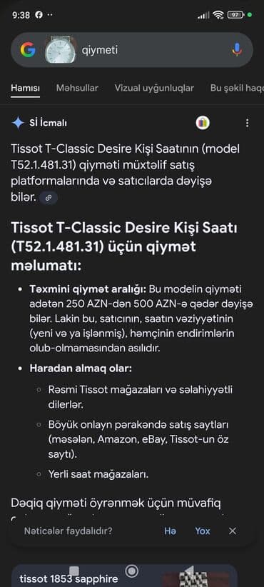 masqa qabi: İşlənmiş, Qol saatı, Tissot, rəng - Gümüşü — 2