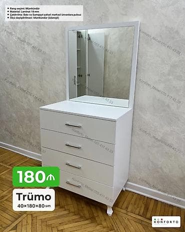 трюмо с зеркалом: Trümo – 40×180×80 sm Ağ rəngli, güzgülü trümo: - 4 geniş çekmece — 1