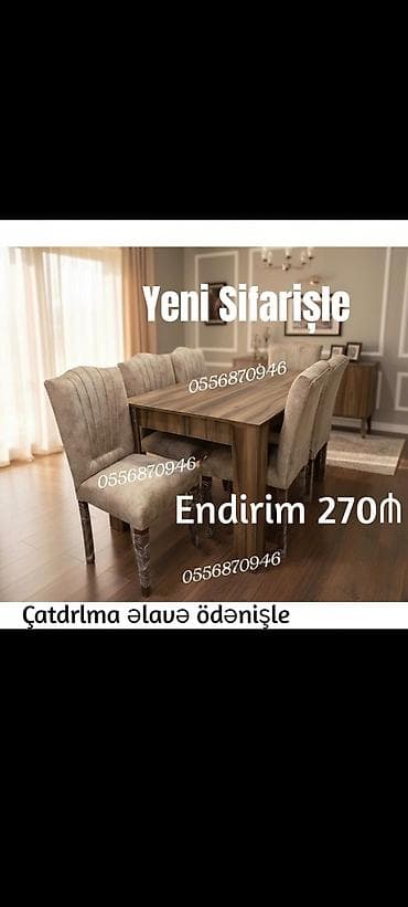 Qonaq otağı üçün, Yeni, Açılmayan, Dördbucaq masa, 6 stul