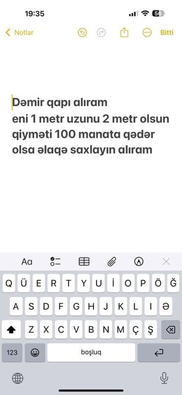 demir satisi: Xidmət: Dəmir qapı alınır Tələblər: - Material: dəmir - Ölçü: eni 1 — 1