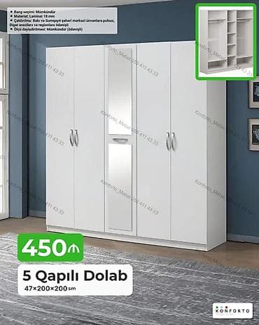skaf: 5 qapılı geyim dolabı – ölçü: 47×200×200 sm - Material: 18 mm laminat — 1