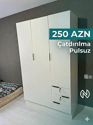 Ağ rəngli 3 qapılı geyim şkafı - Minimalist dizayn, mat ağ səth - 3 — 1