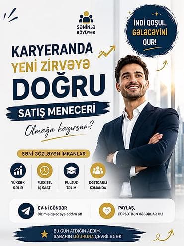 İş: Satış meneceri tələb olunur, İstənilən yaş, Təcrübəsiz, Aylıq ödəniş — 1