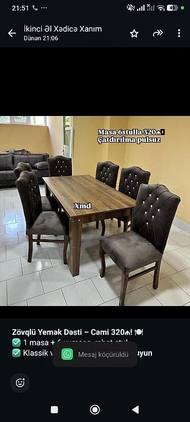 *Zövqlü Yemək Dəsti – Cəmi 320₼! 🍽️* ✅ 1 masa + 6 yumşaq, rahat stul — 1