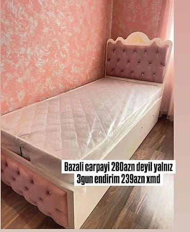 islenmis yataq mebel: Bazalı tək nəfərlik çarpayı – zərif dizaynlı, başlıq və ön paneli — 1