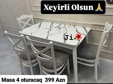oturaca: Masa və 4 ədəd oturacaq dəsti - Rəng: ağ karkas - Masaüstü: mərmər — 1