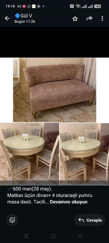 ✔️600 man(28 may). Mətbəx üçün divan+ 4 oturacaqli yumru masa dəsti