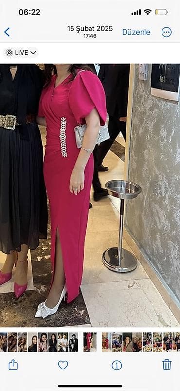 Zümrüd çəhrayı rəngdə zərif ziyafət geyimi - Model: midi/uzun kəsim