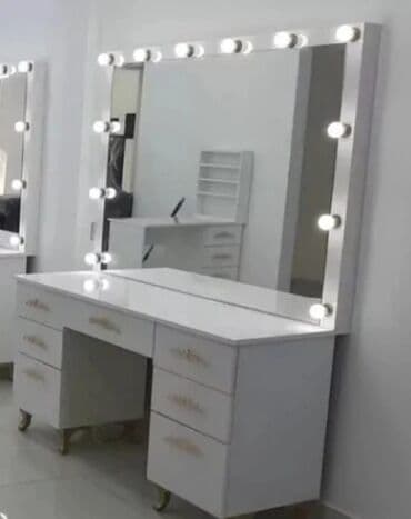 trafaret nədir: Salon üçün vizaj stolu və işıqlı güzgü komplekti - Rəng: ağ, klassik — 2