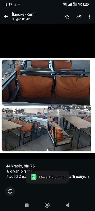 44 kreslo, biri 75₼ 6 divan biri 150₼ 7 ədəd 2 nəfərlik stol -biri