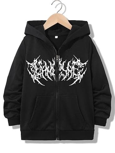paltar usaq: Qara rəngli kapüşonlu uşaq jaketi (zipli) - Ön hissədə ağ qrafik — 1