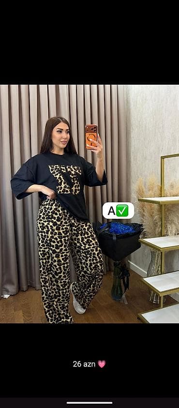 des geyimler: Qadın dəst – leopar naxışlı - 2 hissəli: oversize köynək + geniş — 1