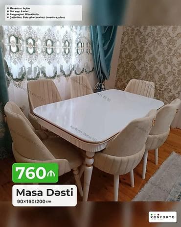 Masa Dəsti – 90×160/200 sm - Mexanizm: açılan (uzadıla bilən) - Stul