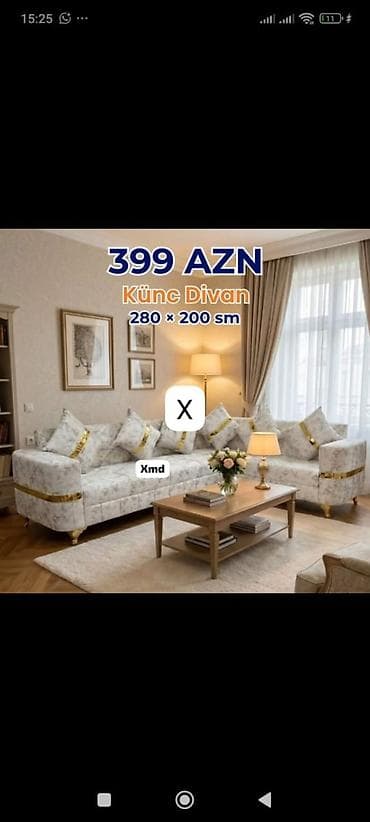 divan sultan: Künc divan – 280 × 200 sm - Rəng: açıq boz çalarlı, incə naxışlı — 1