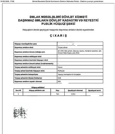 Daşınmaz əmlak: 6 sot, Tikinti, Mülkiyyətçi, Kupça (Çıxarış), Texniki pasport — 8