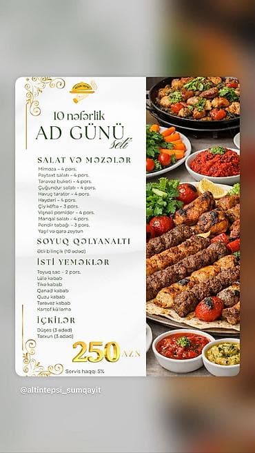 protez saçlar: 10 nəfərlik “Ad Günü” seti Menyu tərkibi: - Salat və məzələr: • — 1
